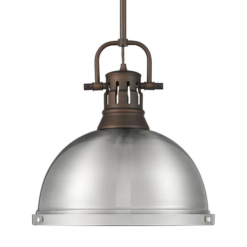 Yep by Golden Lighting Duncan 1-light 14in Rod Hung Pendant in Rubbed Bronze and Pewter shade