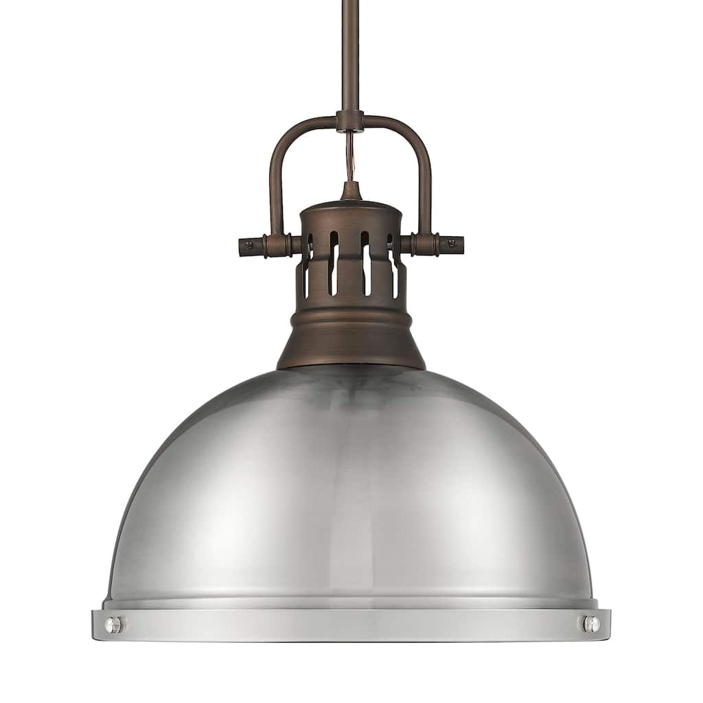 Yep by Golden Lighting Duncan 1-light 14in Rod Hung Pendant in Rubbed Bronze and Pewter shade