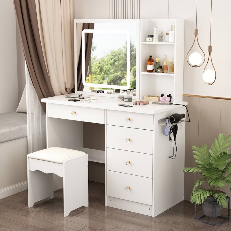 Upgrate Vanity Desk w/Mirror and Lights,Makeup Vanity w/Bracket Outlet