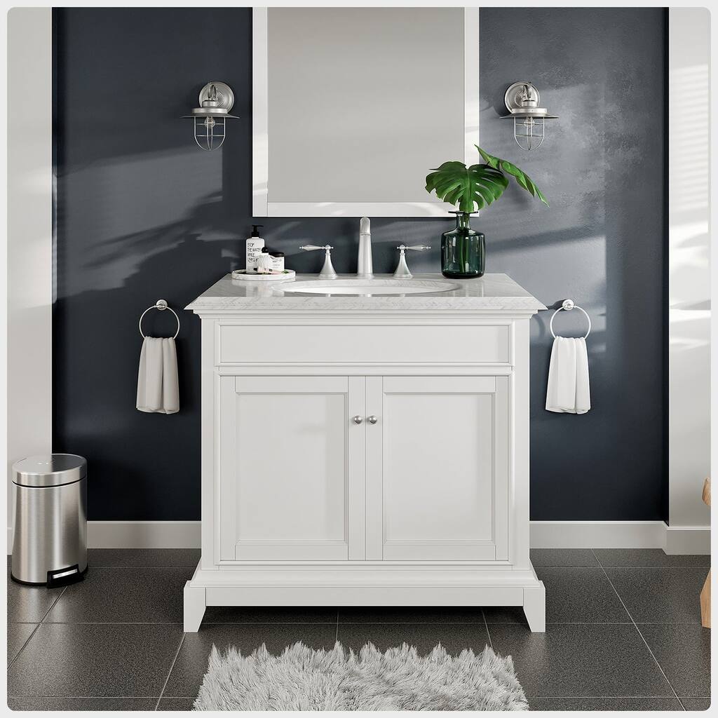 Eviva Elite Stamford 36" White Bathroom Vanity w/ Double Ogee Edge White Carrara Top