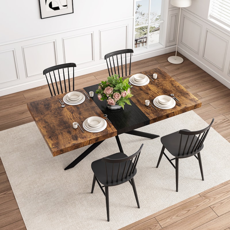 Retro Rectangular Stretch Dining Table with Cross Iron Base