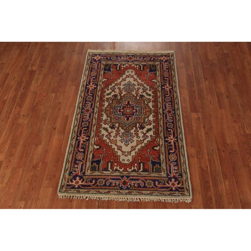 Ivory & Orange Heriz Serapi Indian Foyer Rug Handmade Wool Carpet - 3'0"x 5'1"