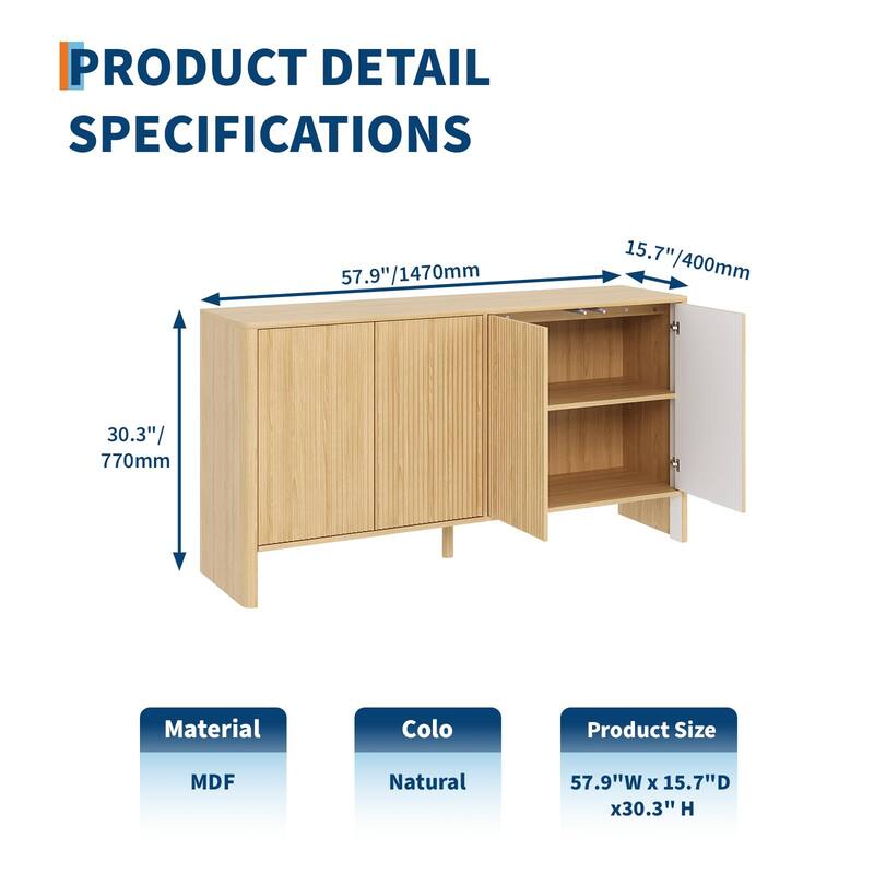 Buffet Cabinet with Storage, 58" Fluted Sideboard Cabinets with 4 Doors & Adjustable Shelves, Wood Buffet Table Natural