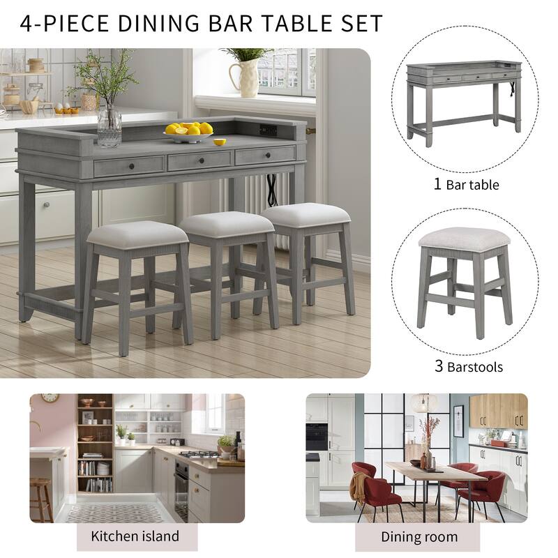 4-Piece Bar Dining Table Set with Stools & 3 Storage Drawers, Counter Height Kitchen Table Set with USB Charging Ports