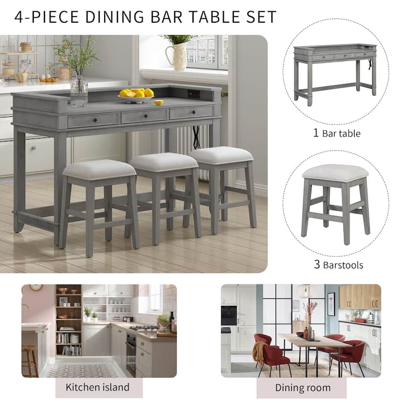 4-Piece Bar Table Dining Set for 3, 53" High Table with 3 Storage Drawers, USB Ports & 3 Upholstered Stools