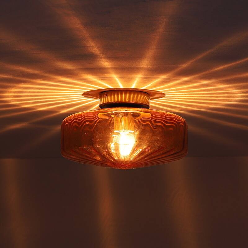 Brown Amber Ribbed Glass Shade Semi Flush Mount Ceiling Light