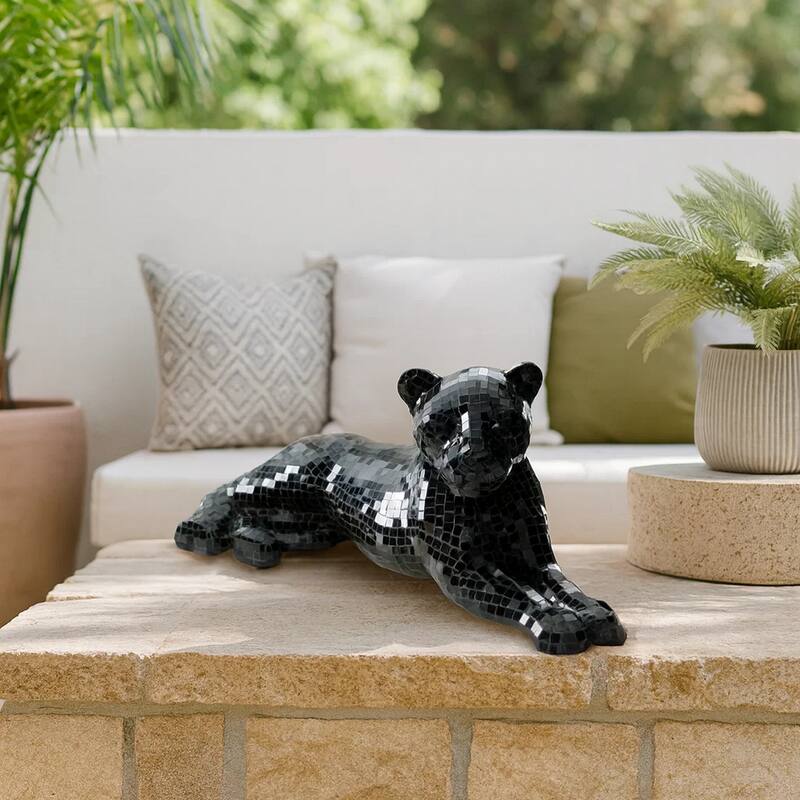 24 Inch Decorative Panther Sculpture, Mosaic Glass, Handcrafted, Black