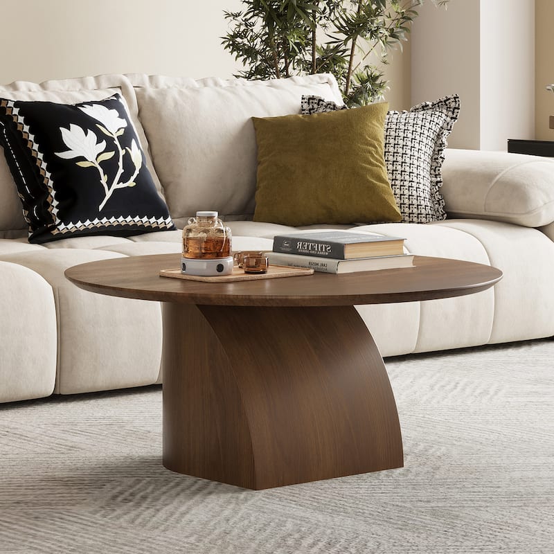 35.4" Mid-Century Modern Round Coffee Table-Solid Wood Veneer,Sturdy Curved Base