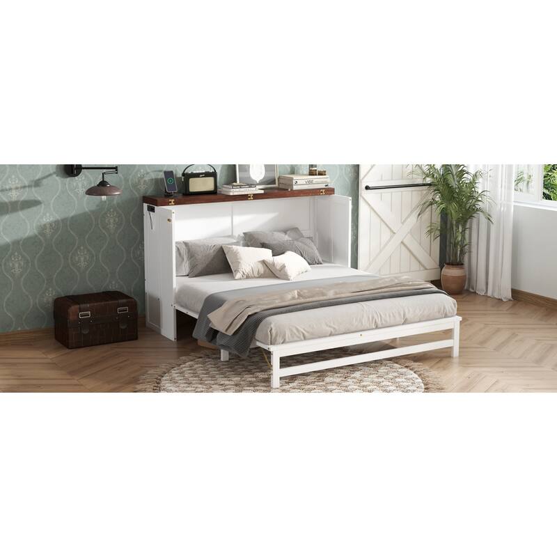 Roomfitters Queen Bed Cabinet with Storage Compartment & Charging Station, USB Ports, Solid Pine Space Saving Bed, White Walnut