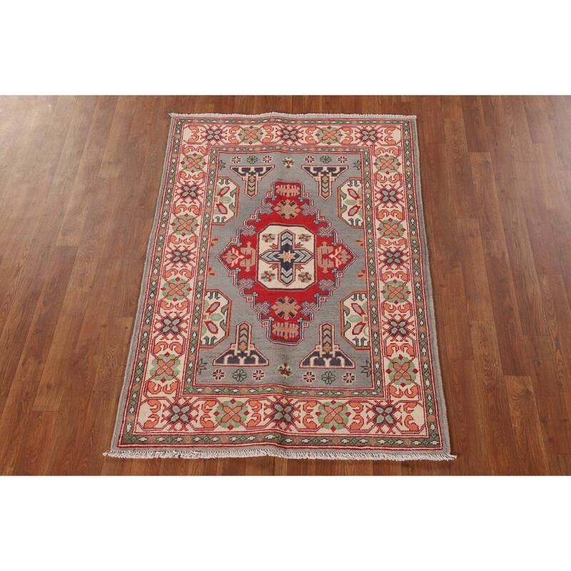 Gray Geometric Kazak Oriental Accent Rug Handmade Wool Carpet - 3'4"x 4'10"