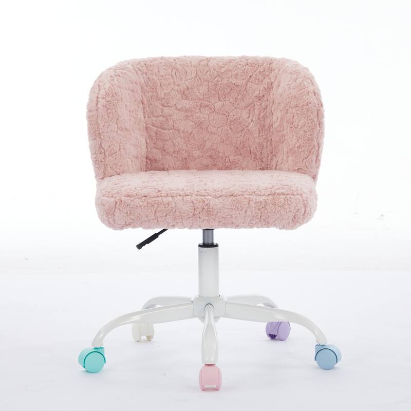 Roomfitters Faux Fur Office Chair, Adjustable Swivel Desk Chair with White Metal Base and Colorful Wheels
