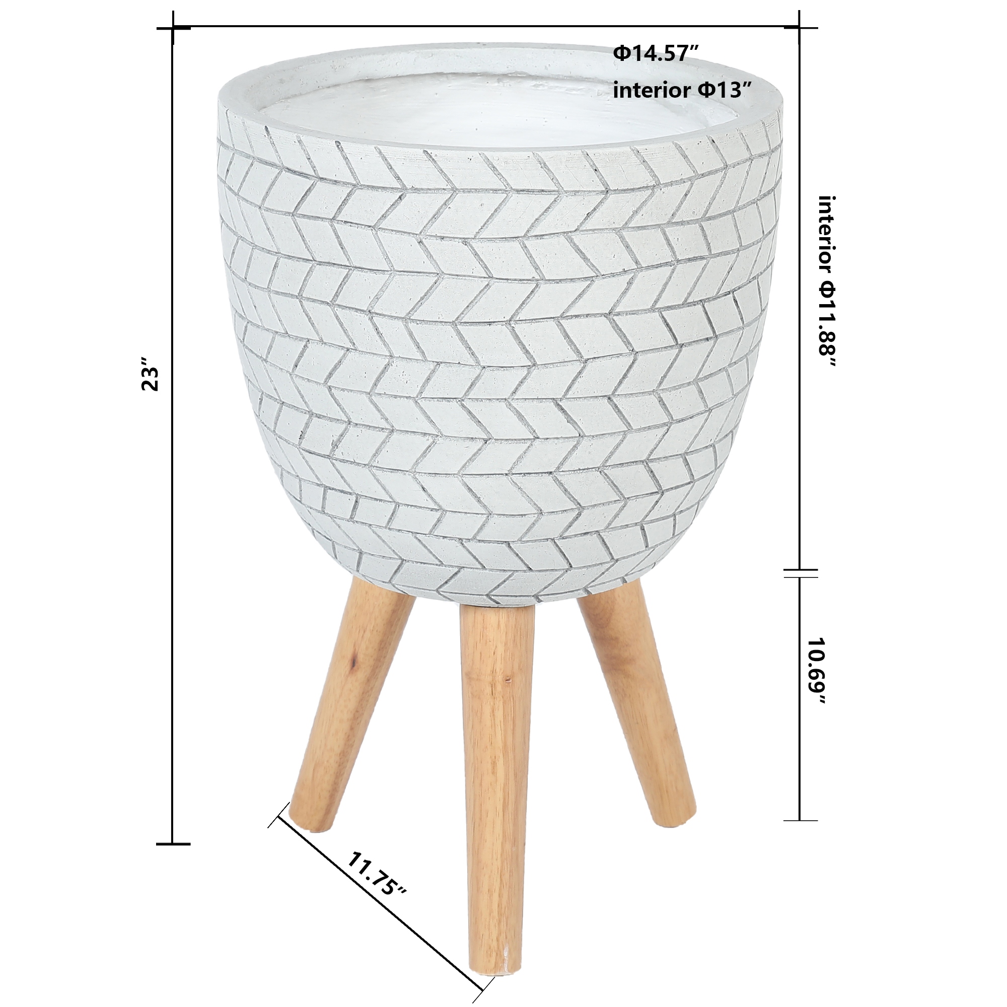 Cube Design White Round MgO Planter with Wood Legs