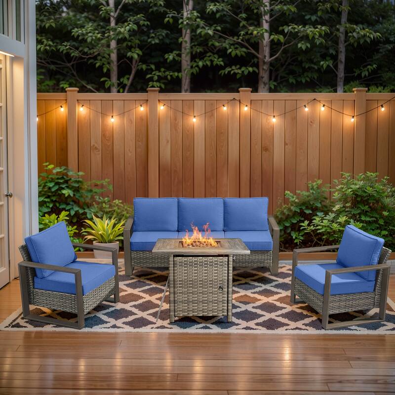 Pocassy 4/6/8PCS Sofa Swivel Chair with Fire Pit Table Set - Grey Wicker Blue Cushion - 4-Piece Sofa Patio Chair with Fire Table