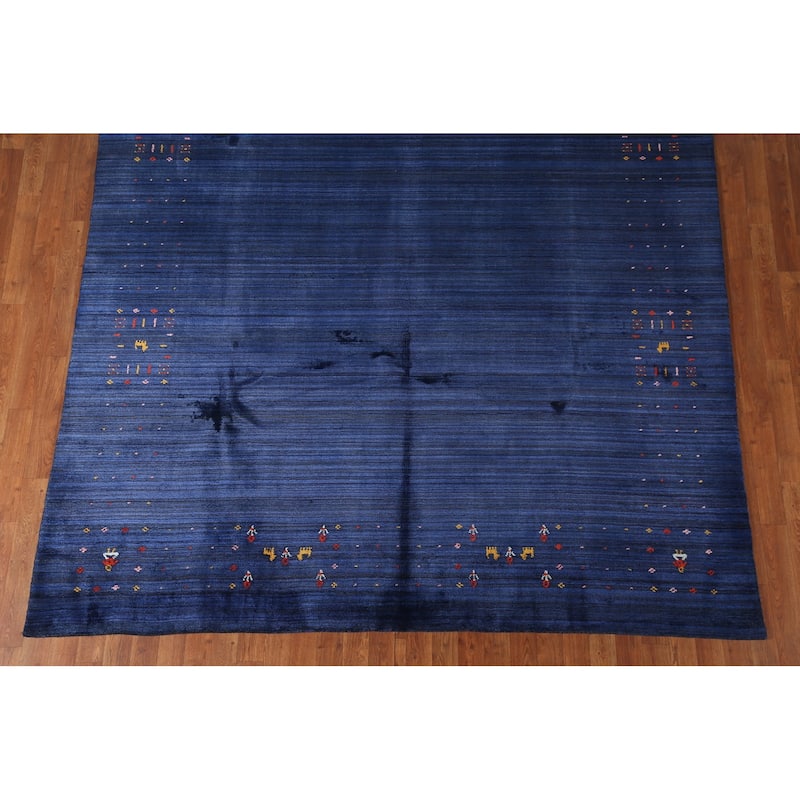 Blue Striped Gabbeh Oriental Area Rug Handmade Silk Carpet - 7'8"x 9'7"