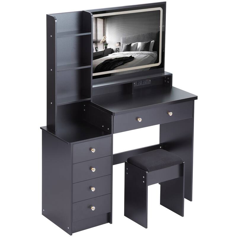 Vanity Desk with Touch Control LED Mirror, Makeup Table with Hair Dryer Stand, Vanity Table Set with Cushioned Stool