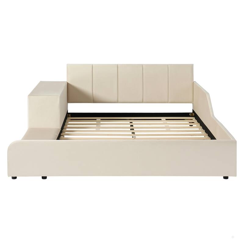 Upholstered Grounded Bed Mother & Child Bed with Bedside Desk and Little Round Stool
