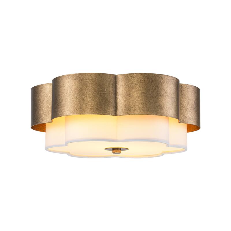 13.8" W Mid-Century Modern Tiered Flower/Circluar Drum Ceiling Light in Distressed Stain Gold with White Fabric Shade