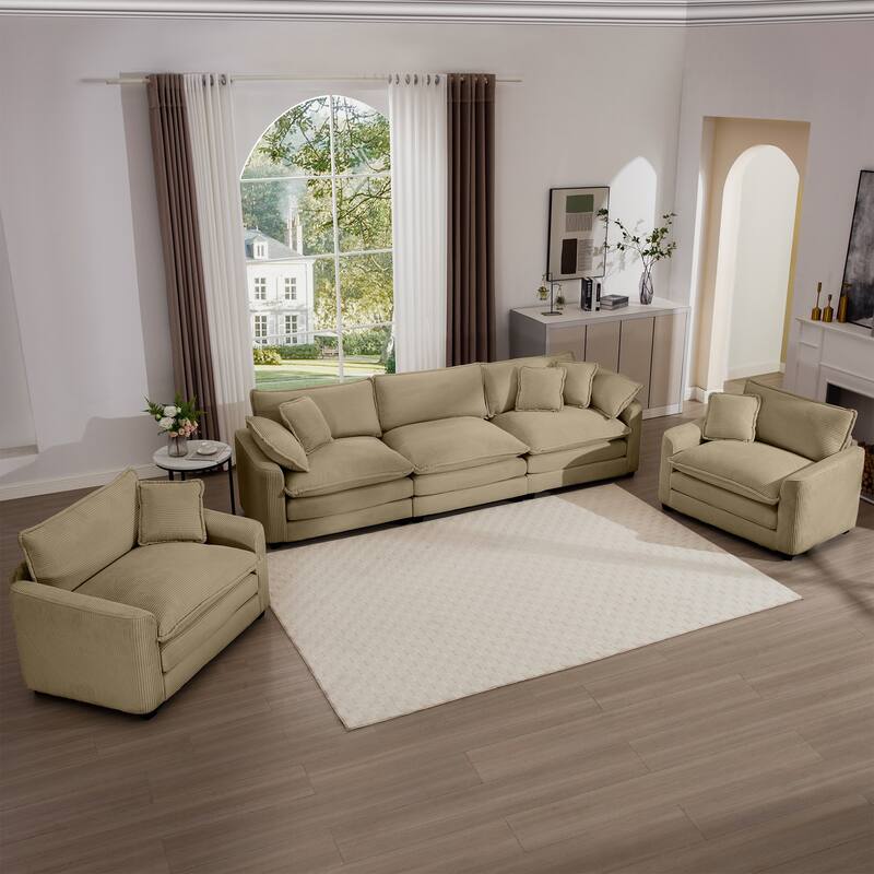 3-Piece Corduroy Flexible Combinations Sofa Set with 3-Seater Cushions Sofas and 2 Single Sofa Chairs for Livingroom