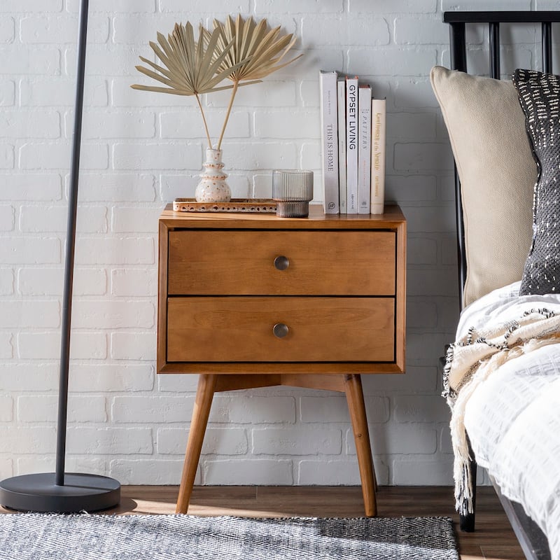 Mid-Century Modern Double-Drawer Solid Wood Nightstand with Antique Hardware