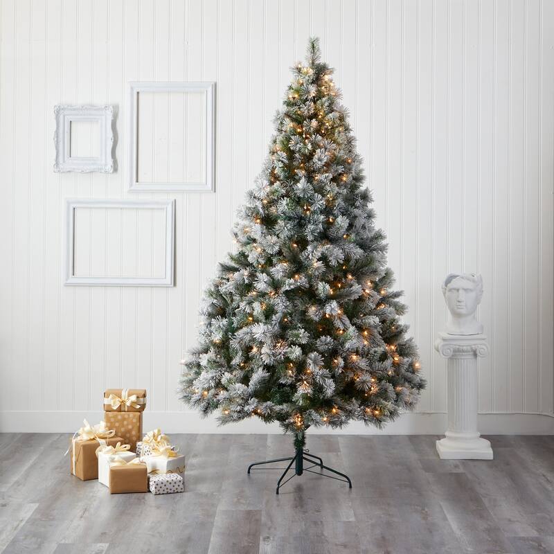8ft Flocked Christmas Tree with Lights - Prelit Artificial Pine Holiday Decor - Green - 96