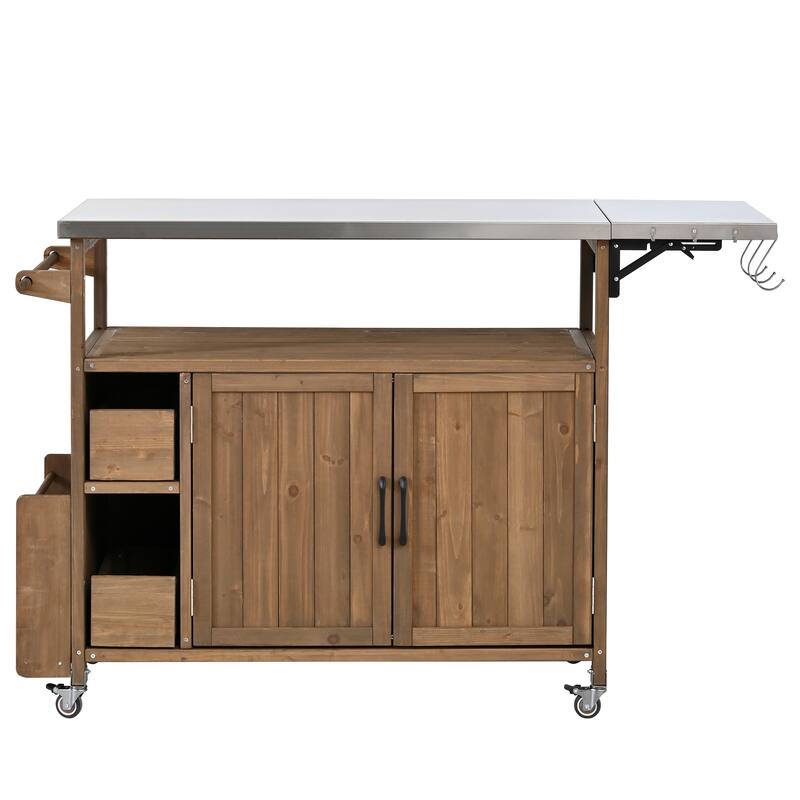 Christopher Knight Home - 54.33" Solid Wood Mobile Outdoor Kitchen Cart with Stainless Steel Top & Spice Rack & Lockable Wheels