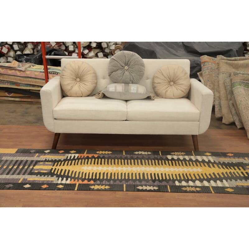 Hand Woven Oriental 100% Wool Carpet Southwestern Tribal Multi-Colored Kilim Runner Rug - 12' 0'' X 2' 8''