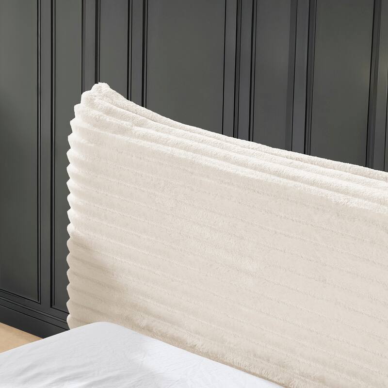 Queen Size Upholstered Bed Frame Velvet Fabric Grounded Platform with Curved Headboard Solid Wood No Box Spring