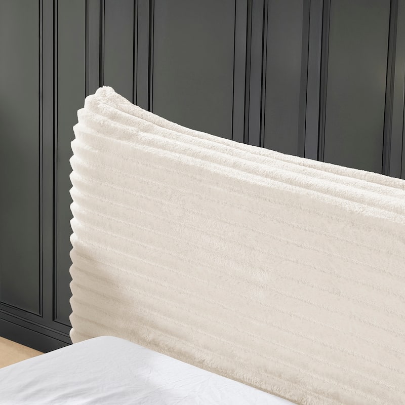 Queen Size Velvet Upholstered Bed Frame - Solid Wood Platform Base With Decorative Curved Headboard, No Box Spring Needed