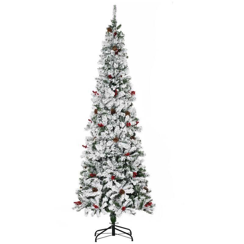 7.5' Pencil Christmas Tree, Snow-Flocked with Pine Cones & Red Berries, Unlit Artificial Tree for Holiday Décor - Green