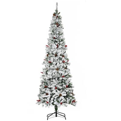 7.5' Pencil Christmas Tree, Snow-Flocked with Pine Cones & Red Berries, Unlit Artificial Tree for Holiday Décor