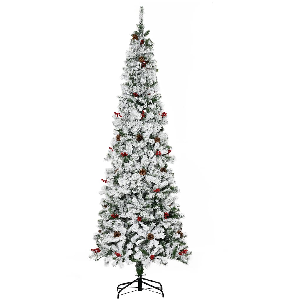 7.5' Pencil Christmas Tree, Snow-Flocked with Pine Cones & Red Berries, Unlit Artificial Tree for Holiday Décor