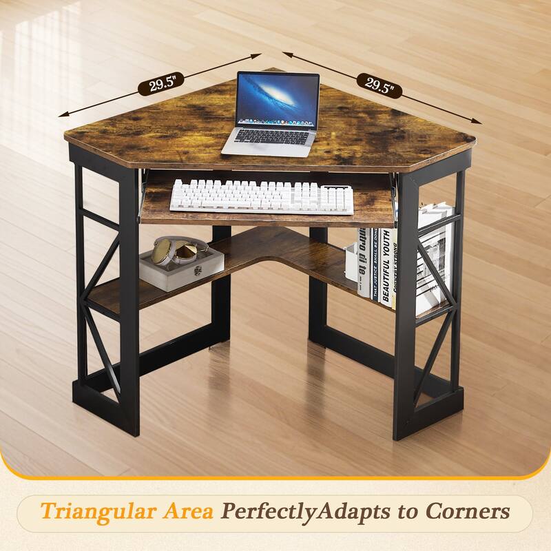 VECELO Triangular Corner Desk with Keyboard Tray Space Saving Metal Computer Desk for Home Office Study Bedroom