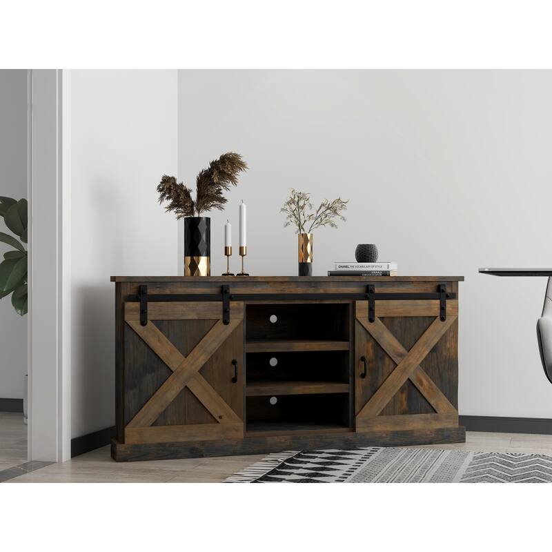 Bridgevine Home Farmhouse 66 inch Corner TV Stand for TVs up to 80 inches, No Assembly Required, Barnwood Finish - Barnwood