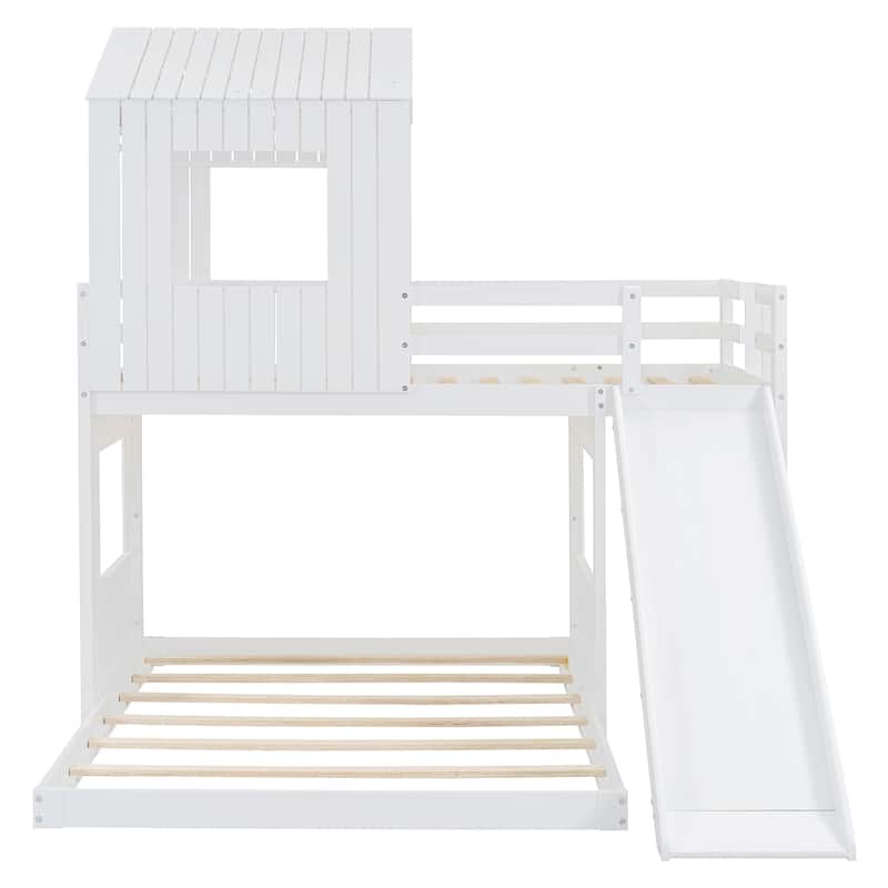 Wooden Twin Over Full Bunk Bed, Loft Bed with Playhouse, Farmhouse, Ladder, Slide and Guardrails
