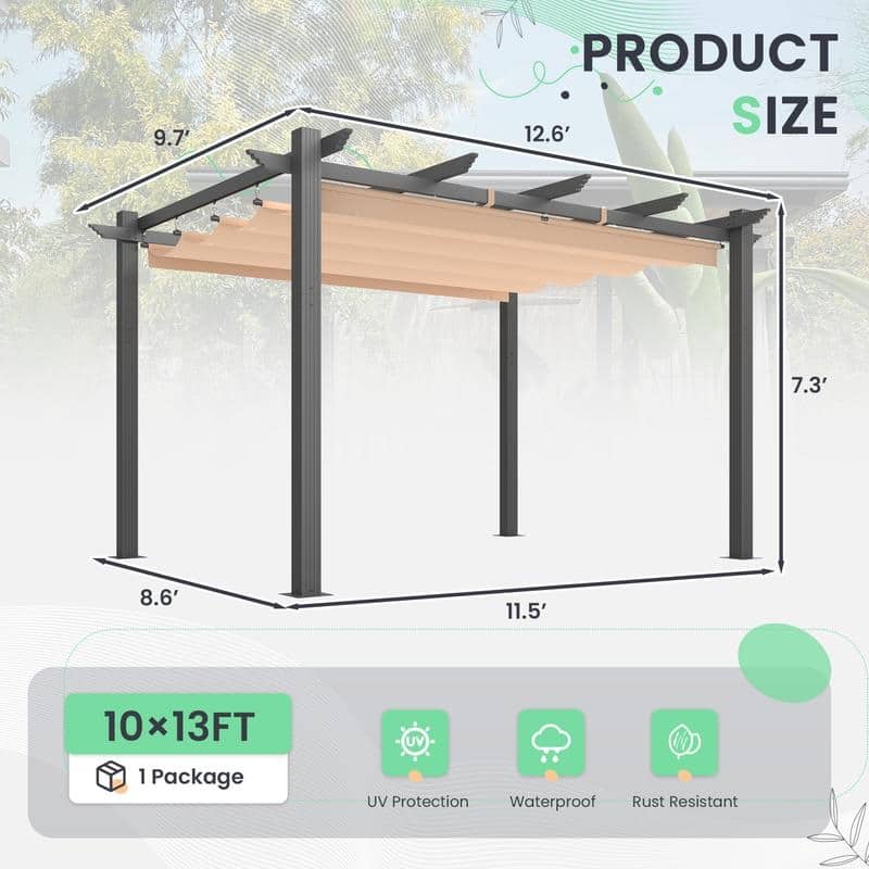 EROMMY 10' x 13' Outdoor Pergola with Retractable Canopy, Heavy-Duty Metal Frame and Adjustable Patio Shade Roof