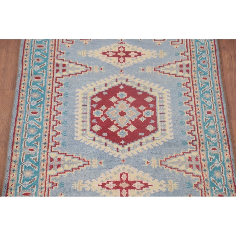 Geometric Kazak Accent Rug Handmade Blue Wool Carpet - 3'0"x 4'11"