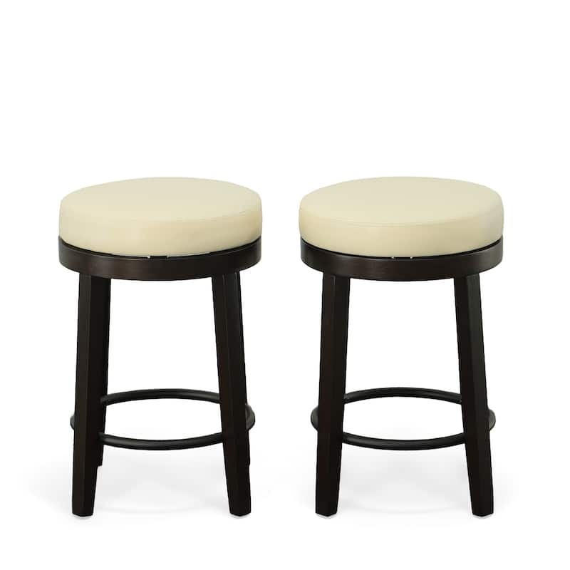 HomeRoots Set of Two 24" Cream and Espresso Faux Leather and Solid Wood Backless Counter Height Swivel Bar Chairs