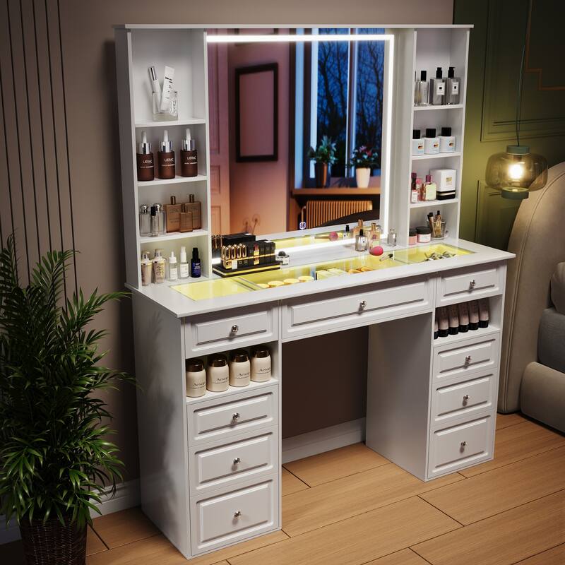 Modern Vanity Set with Lighted Mirror,Extra Large Mirror Makeup Vanity Table with 9 Drawers,European Style Vanity - White-Glass Top - 9-drawer