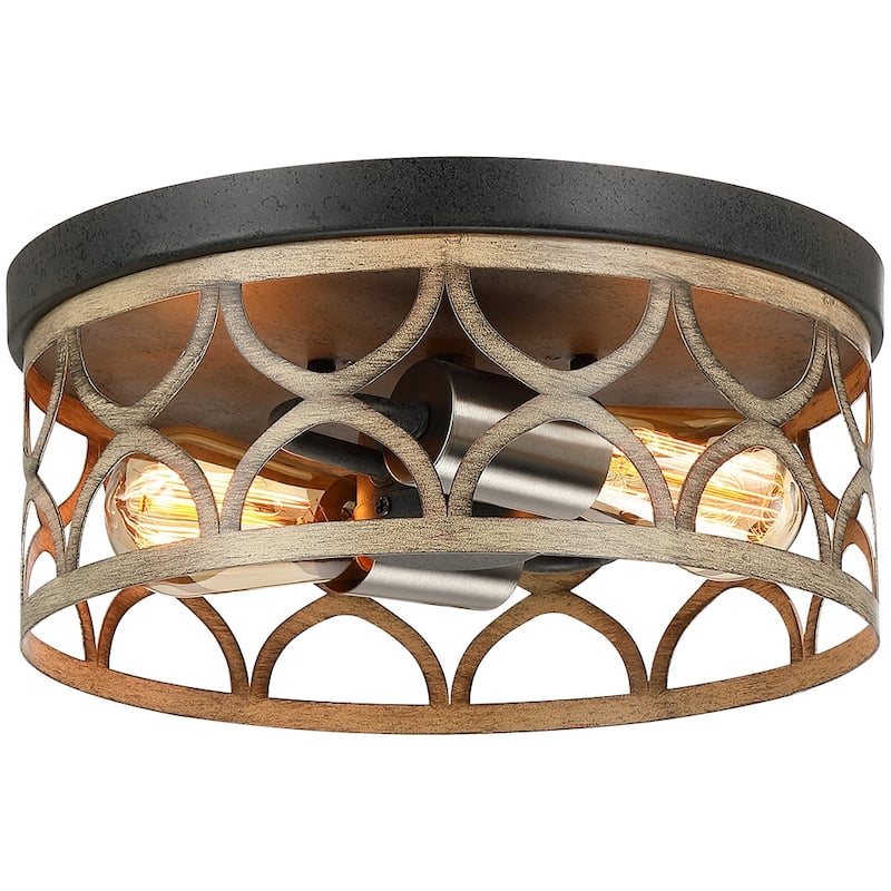 12 in. 2-Light Bronze and Wood Tone Flush Mount Ceiling Light - 12"W - 12"W