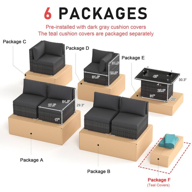 7 Piece Outdoor Sectional Modular Wicker Patio Conversation Set with 43'' Fire Pit Table and Cushion