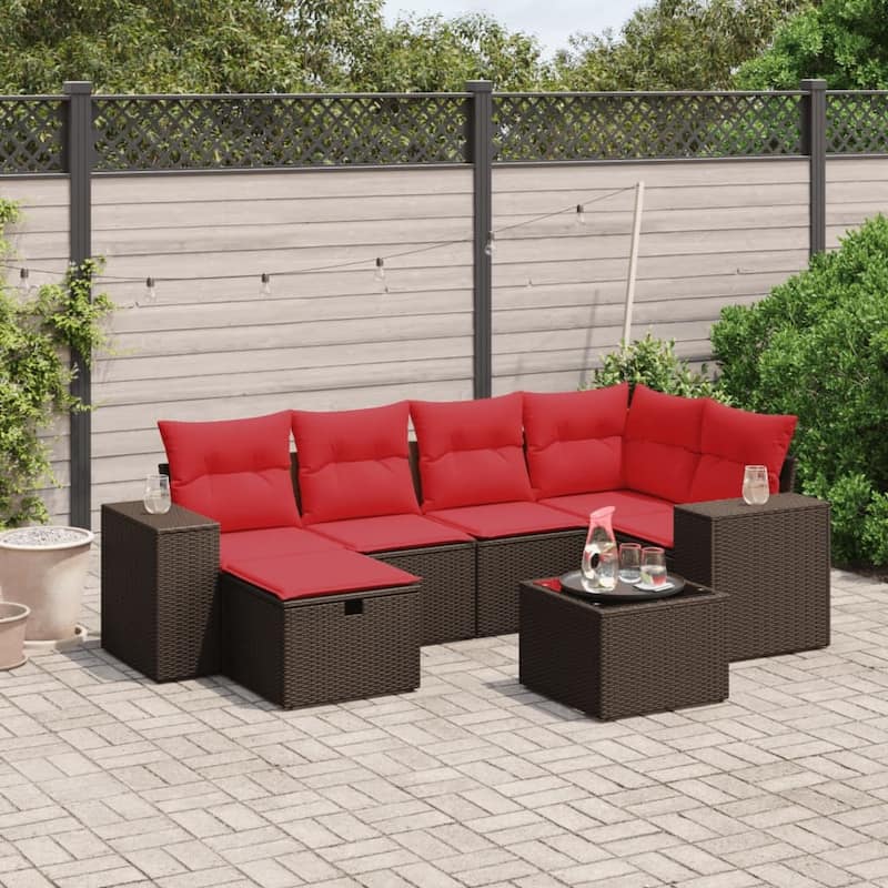 vidaXL Patio Sofa Set with Cushions Outdoor Conversation Furniture Poly Rattan - Brown with table - 24.4" x 24.4" x 27.2"