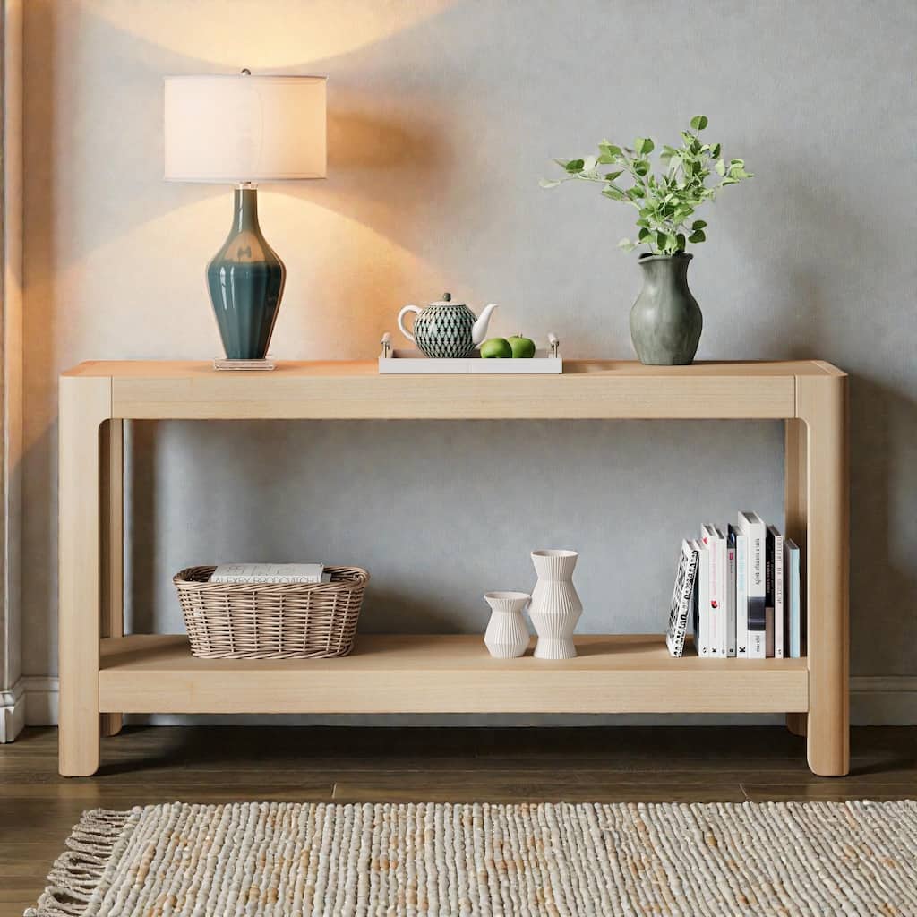 Modern Farmhouse Console Table with Solid Wood Veneer Top and Rounded Corners, Minimalist Entryway Table for Living Room