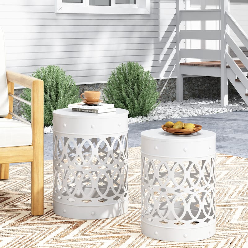 Roomfitters Outdoor Metal Side Tables Set of 2, Decorative Powder-Coated Iron Accent End Tables for Patio or Garden