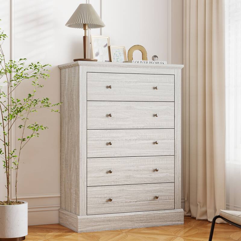 Classic Farmhouse 5-Drawer Dresser Particleboard & MDF Chest with Spacious Storage and Rustic Design - Grey