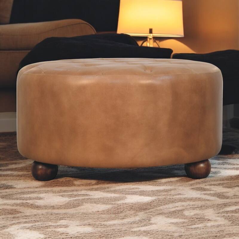 Artisan Furniture Brown Buffalo hide leather Round Ottoman