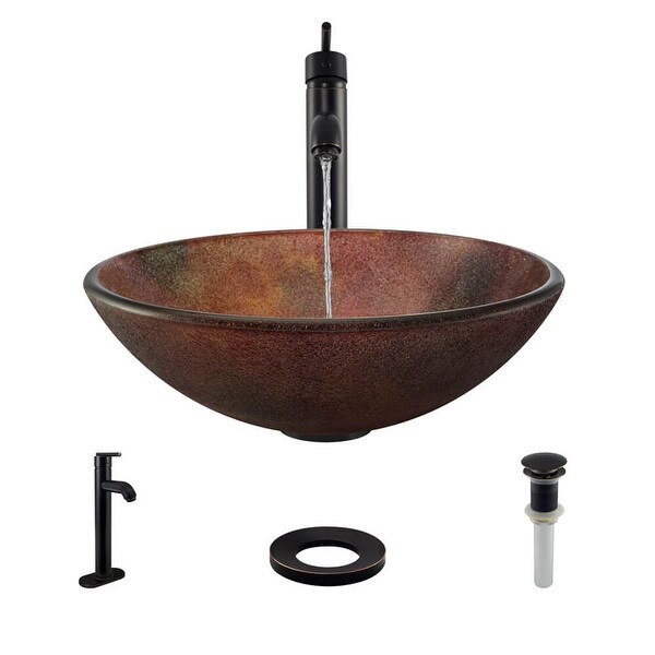Rene R5-5014-R9-7001 16-1/2" Glass Vessel Bathroom Sink with Vessel Faucet, Sink Ring, and Vessel Pop-Up Drain