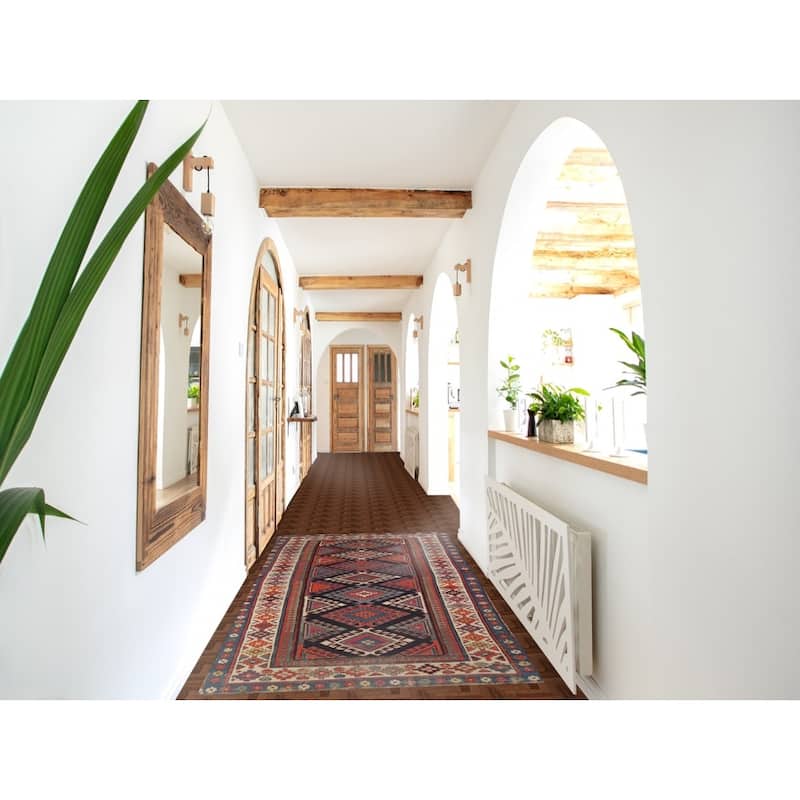 Hand Knotted Oriental 100% Wool Carpet Traditional Geometric Multi-Colored Kazak Runner Rug - 7' 6'' X 3' 4''