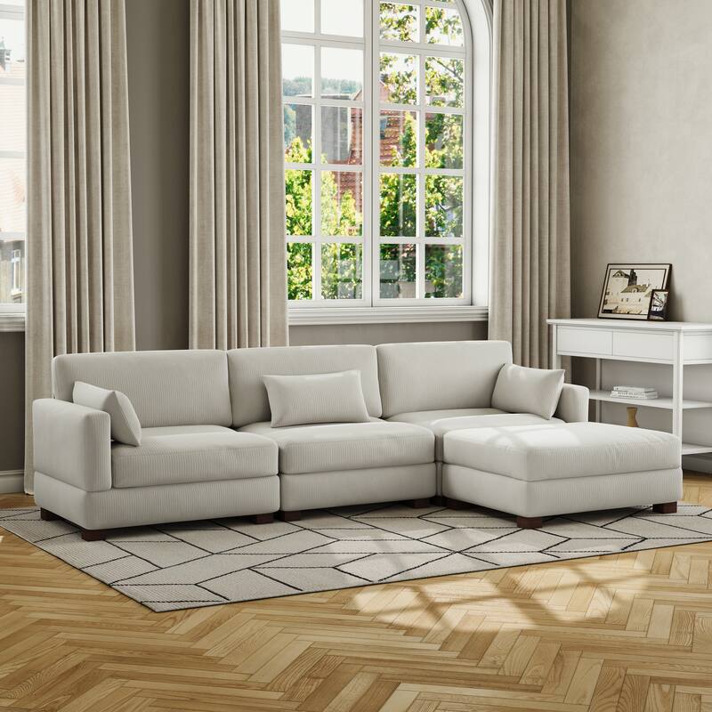 Corduroy Modular Sectional Sofa with Ottoman and Pillows - Beige-4 Piece