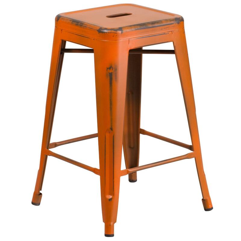 24" High Backless Distressed Metal Indoor-Outdoor Counter Height Stool
