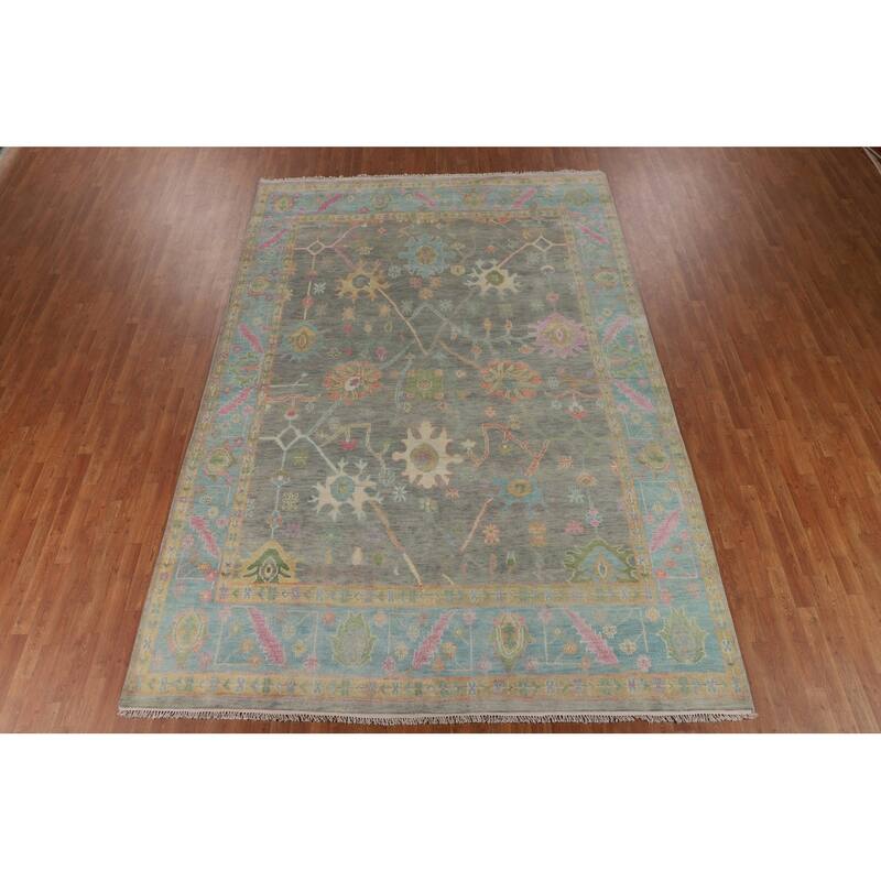 Grey Floral Oushak Indian Area Rug Handmade Wool Carpet - 8'8"x 12'6"